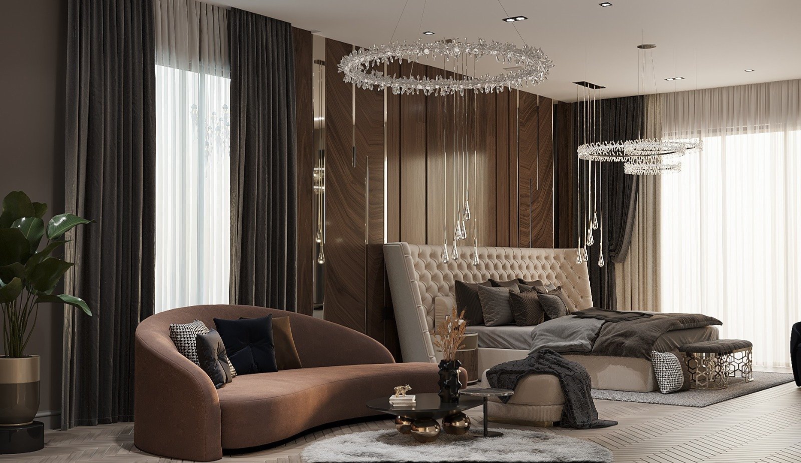Bedroom project with walnut-veneer wall panels, a tall tufted headboard bed and a curved brown sofa — Gas struts for lift-up beds: matching the mattress weight
